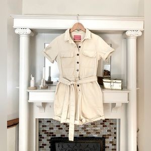 Cream beige denim utility romper coverall overalls